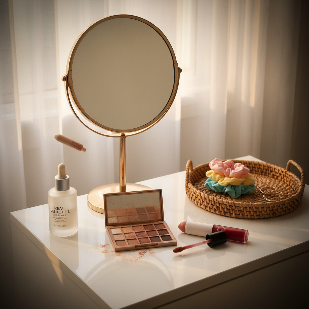 An inviting vanity scene styled for a busy GTA working mom, featuring a compact white lacquer vanity table with a round magnifying mirror edged in brushed gold. On the surface, a curated lineup of mid-range beauty products: a frosted glass serum bottle with a droplet of product on its pipette, a well-loved neutral-toned eyeshadow palette with soft powder fallout, a rose-toned cream blush stick, and a tube of berry-tinted lip oil with the applicator resting beside it. A woven rattan tray holds a small stack of colourful scrunchies and minimalist gold hoops. Warm afternoon light filters through a sheer curtain, casting soft, flattering shadows. Shot at eye level with a gentle vignette and photographic realism, the mood is cheerful, lived-in, and highly relatable.