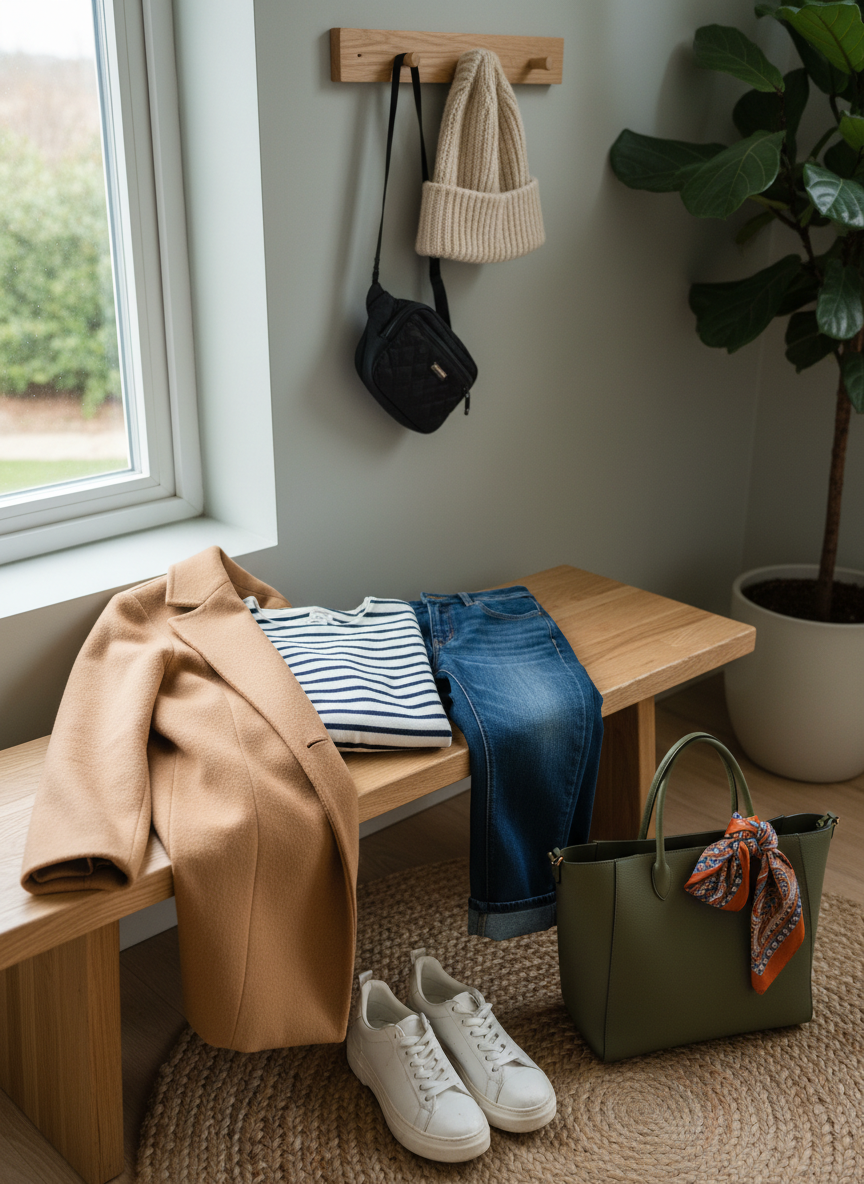 A cozy entryway bench styled as a ‘school run chic’ outfit station, showcasing a carefully layered fall look without any mannequin. A camel wool coat is artfully draped over the bench, its textured fabric catching the light, with a striped Breton top and high-waisted dark wash jeans folded neatly beside it. Chunky white sneakers with slightly worn soles sit on a woven jute rug, next to a structured tote in olive green vegan leather with a colourful silk scarf tied to the handle. A maple wood wall hook holds a crossbody belt bag and a knit beanie. Soft overcast daylight streams in from a nearby window, creating a calm, everyday atmosphere. Captured at a slight angle with photographic realism, emphasizing practical, stylish details for real-life wear.
