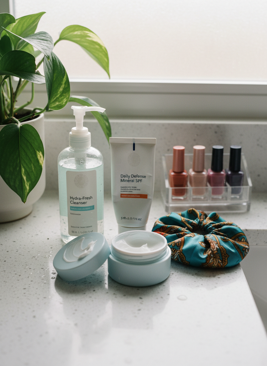 A vibrant bathroom counter scene illustrating a realistic skincare routine for a mid-size, time-strapped mom. A speckled white quartz countertop holds a small lineup of clearly used products: a gentle gel cleanser in a pump bottle with droplets of water beading around the base, a rich ceramide cream in a tub with a visible finger swipe, a mineral sunscreen tube squeezed from the middle, and a colourful satin hair wrap folded carefully. A clear acrylic organizer displays nail polishes in muted terracotta, blush, and deep plum tones. A leafy houseplant peeks in from the edge near a frosted glass window. Diffused morning light creates a fresh, honest glow, highlighting tiny water droplets and reflections. Shot from a slightly elevated angle with photographic realism, the mood is bright, candid, and encouraging of real-world beauty rituals.