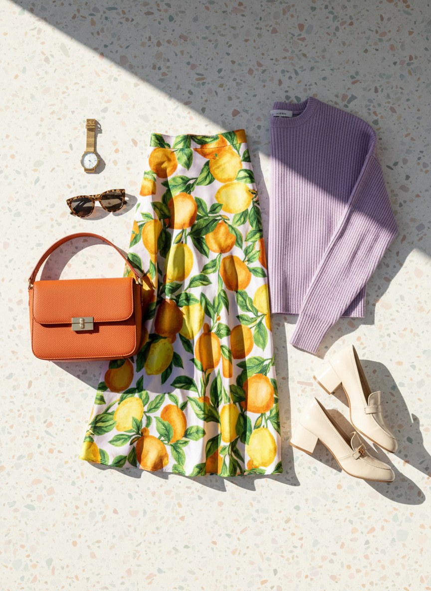 A neatly arranged flat lay of a colourful Euro-Italian inspired spring outfit, featuring a patterned silk midi skirt in citrus tones, a ribbed knit cardigan in soft lavender, and glossy block-heeled loafers in cream leather. Beside them, a structured crossbody bag in burnt orange pebbled leather, a pair of tortoiseshell cat-eye sunglasses, and a gold-tone watch with a mesh band complete the edit. Everything rests on a pale terrazzo tabletop with subtle specks of pastel. Late-morning natural light pours in from the left, creating gentle shadows and a bright, playful atmosphere. Photographed from a bird’s-eye view with crisp photographic realism and shallow depth of field toward the edges, the composition feels editorial yet approachable, perfect for a style blog homepage hero image.